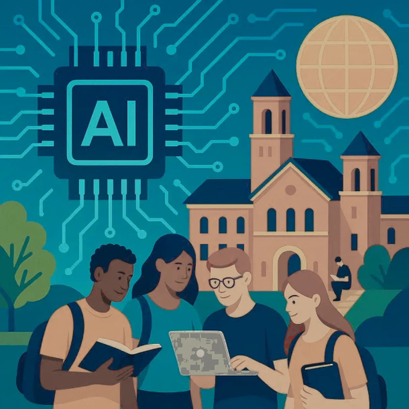 A stylised illustration of an AI processor chip and a connected global network above a campus building, with four students gathered around a laptop and open books in the foreground.