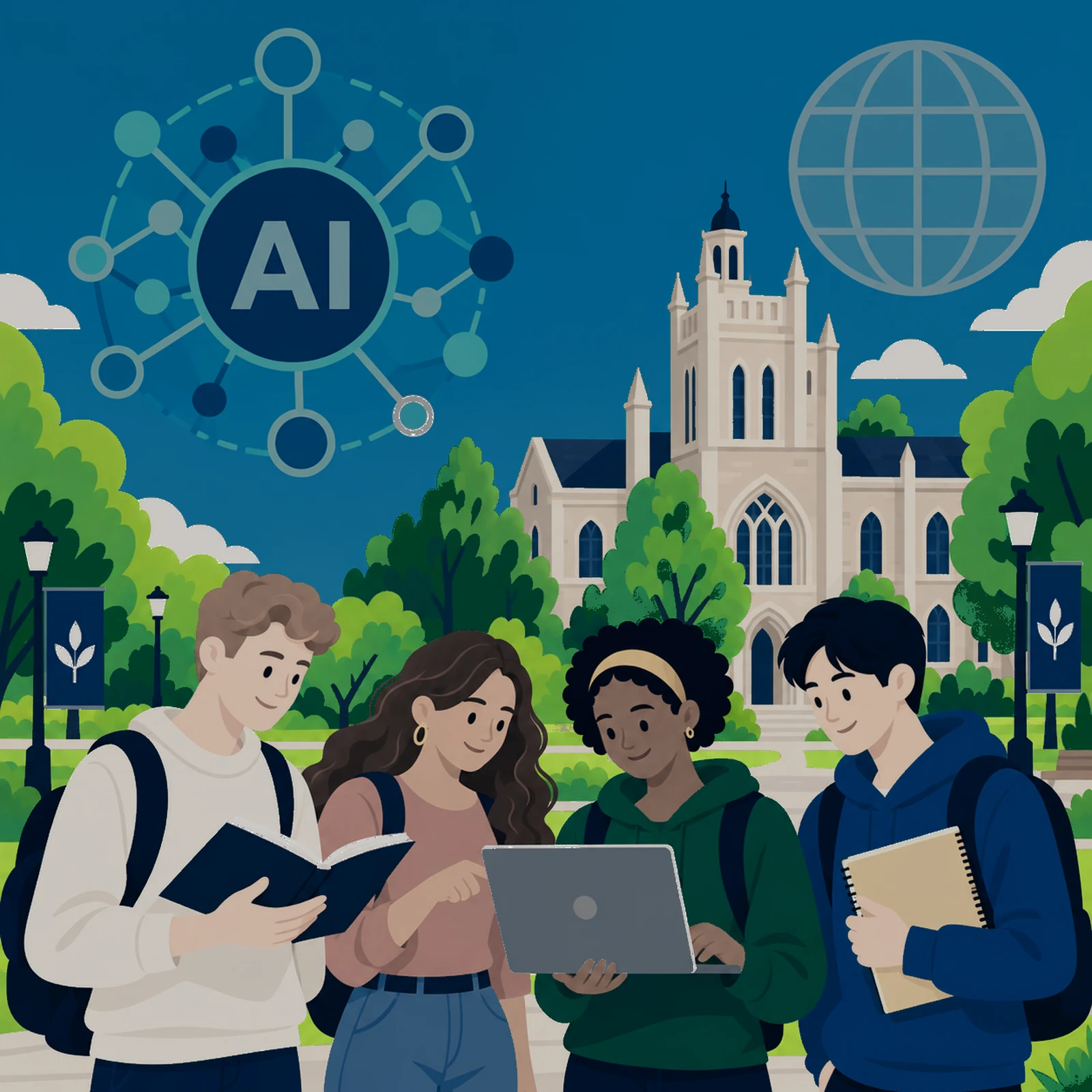 A stylised illustration of a circular AI network diagram of connected nodes and a globe above a campus building, with four students gathered around a laptop and open books in the foreground.